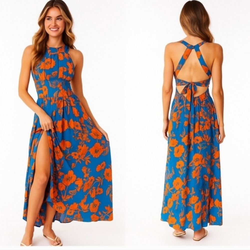 Smocked Halter Floral Maxi Dress in Blue & Orange